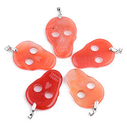 Halloween Themed Natural Agate Big Pendants, with Platinum Plated Brass Pinch Bail, Dyed, Skull, Salmon, 50~53x35~36x5~6mm, Hole: 6.5x4mm