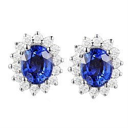 Brass Crystal Rhinestone Stud Earrings, with Center Glass Imitation Blue Gemstone, Teardrop, Platinum, 7x10x5mm, Pin: 0.9mm