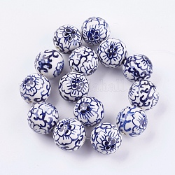 Fatti a mano perle di porcellana bianca e blu, rotonda con fiore, blu medio, 27~28mm, Foro: 3 mm