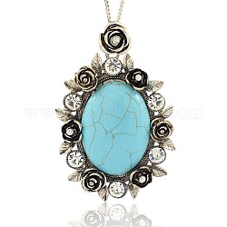 Antique Silver Tone Alloy Synthetic Turquoise Big Pendants, with Rhinestones, Oval with Rose Flower Pattern, Turquoise, 65x50x10mm, Hole: 4x6mm