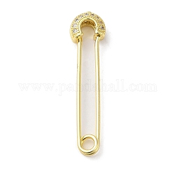 Rack Plating Brass Micro Pave Cubic Zirconia Brooch Pin, Long-Lasting Plated, Lead Free & Cadmium Free, Safety Pin, Real 18K Gold Plated, 32x7.5x4mm, Pin: 1mm