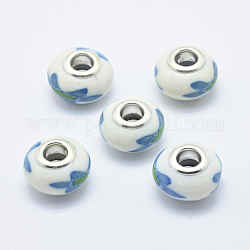 Handgemachte  europäischen Fimo-Perlen, mit versilberten Messingkernen, Großloch perlen, Unterlegscheibe mit Blumenmuster, dunkeltürkis, 13~16x8~11 mm, Bohrung: 4.5~5 mm