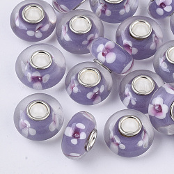 Perles européennes vernissées manuelles, fleur intérieure, Perles avec un grand trou   , avec noyaux simples en laiton plaqué couleur argent, rondelle, support violet, 14x7.5mm, Trou: 4mm