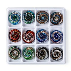 Handmade Silver Foil Lampwork Pendants, with Gold Sand, Flat Round, Mixed Color, 45x10mm, Hole: 5mm, 12pcs/box