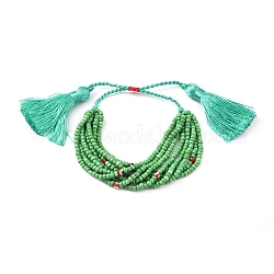 Bracelets ajustables tressés de perles de rocaille en verre, Bracelets de multi-brins, avec pendentifs pompon, mauvais œil, vert de mer moyen, 1-1/8 pouce ~ 2-7/8 pouces (3.2~7.3 cm)