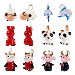 Biyun 12Pcs 6 Style Handmade Lampwork Pendants, Cattle/Panda/Rabbit/Dolphin/Sheep, Mixed Color, 21~31x12~25x13.5~23mm, Hole: 1.6~5mm, 2pcs/style