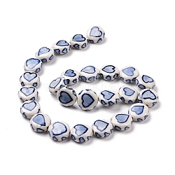 Handgemachte Porzellan Perlen Stränge, blaues und weißes Porzellan, flach rund mit Herzmuster, dunkelblau, 14~14.5x6.5~7 mm, Bohrung: 1.8 mm, ca. 25 Stk. / Strang, 145.67'' (370 cm)