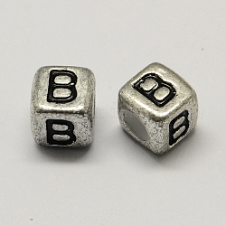 Antique Silver Plated Large Hole Acrylic Letter European Beads, Horizontal Hole, Cube with Letter.B, 6x6x6mm, Hole: 4mm, about 2950pcs/500g