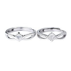 Passende verstellbare Ringe Set für beste Freunde des Paares, Raute 925 Sterling Silber Micro Pave Zirkonia Ringe, Transparent, Platin Farbe, 2 Stück / Set