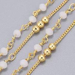 Handmade Brass Curb Chains, with Faceted Glass Links, Brass Beads and Spool, Soldered, Long-Lasting Plated, Real 18K Gold Plated, White, 1.7x1.3x0.4mm, Beads: 3.5x2.5~3mm and 3mm, about 32.8 Feet(10m)/roll