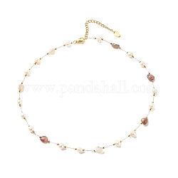 Natural Botswana Agate & Pearl Beaded Necklace, Gold Plated Stainless Steel Jewelry for Women, 15.98~16.14 inch(40.6~41cm)