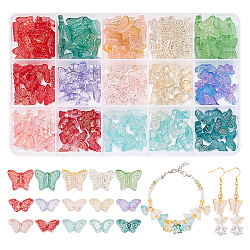 Pandahall elite 180 piezas 15 estilo transparente spray pintado perlas de vidrio, con la hoja de oro, mariposa, color mezclado, 8~12.5x15~15.5x4~5mm, agujero: 1 mm, 12 piezas / color