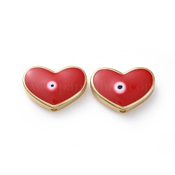 Perles en laiton doré, avec l'émail, coeur avec le mauvais œil, rouge, 14x20x5mm, Trou: 1.8mm