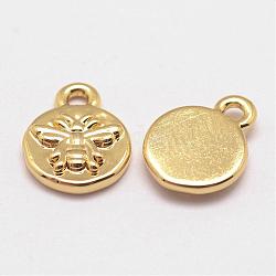 Brass Charms, Cadmium Free & Nickel Free & Lead Free, Flat Round with Bee, Real 18K Gold Plated, 10x8x1.5mm, Hole: 1mm