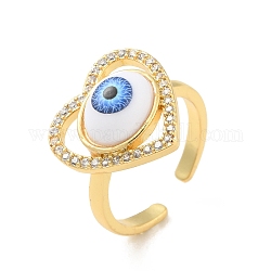 Cubic Zirconia Heart with Evil Eye Open Cuff Ring with Acrylic, Real 18K Gold Plated Brass Jewelry for Women, Cadmium Free & Lead Free, Blue, US Size 6 1/2(16.9mm)