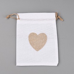 Sac à cordon en jute, rectangle avec motif coeur, pour l'emballage de bonbons de fête de mariage d'anniversaire de la Saint-Valentin, blanc, 18x13x0.3 cm