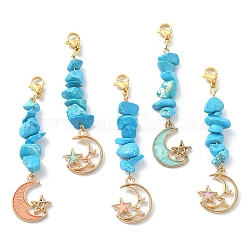 Décorations de pendentif en perles de puces turquoise synthétiques, avec lune en alliage émaillé avec breloque étoile et 304 fermoir mousqueton en acier inoxydable, couleur mixte, 63.5mm