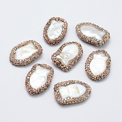 Culture des perles perles d'eau douce naturelles, avec strass en pâte polymère, poisson, blanc, 22~23x15~16x4~5mm, Trou: 0.5mm