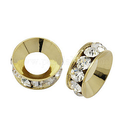 Abalorios de latón Diamante de imitación espaciador, Grado A, rerondana plana, la luz del color del metal del oro, cristal, 7x3.3mm, agujero: 3.5 mm
