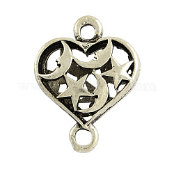 Tibetan Style Alloy Hollow Links, Heart with Moon and Star, Lead Free  & Nickel Free, Antique Silver, 26x20x8mm, Hole: 2.5mm