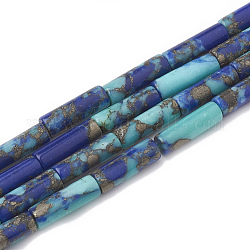 Chapelets de perles de pierres précieuses synthétiques, lapis lazuli ligne turquoise et or, colonne, bleu, 12~13x4~4.5mm, Trou: 1~1.2mm, Environ 30 pcs/chapelet, 15.9 pouce