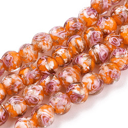 Perles vernissées de sable d'or manuelles , fleur intérieure, ronde, orange foncé, 8~8.5x7~8mm, Trou: 1.5~2mm
