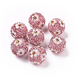 Perline strass polimero argilla, perline palla di disco, rotonda con fiore, roso chiaro, 16mm, Foro: 1.6~1.8 mm
