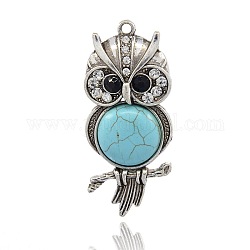 Antique Silver Tone Alloy Synthetic Turquoise Big Pendant, with Rhinestones, Owl for Halloween, Sky Blue, 64x29x11mm, Hole: 3mm
