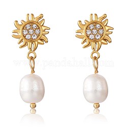 Boucles d'oreilles pendantes en forme de soleil en zircone cubique transparente avec perles de coquillage, 430 bijoux en acier inoxydable pour femme, or, 29x12mm, pin: 1 mm