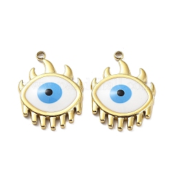 Ion Plating(IP) 304 Stainless Steel Pendants, with Enamel, Real 18K Gold Plated, Evil Eye Charm, White, 21x15.5x3mm, Hole: 1.6mm