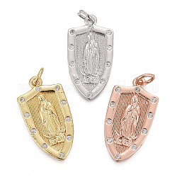 Brass Micro Pave Clear Cubic Zirconia Pendants, Lady of Guadalupe Charms, with Jump Rings, Long-Lasting Plated, for Religion, Shield with Virgin Mary, Mixed Color, 24x12x2mm, Hole: 3mm