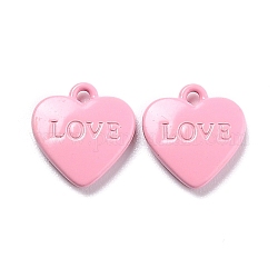 Heart Alloy Spray Painted Charms, Word LOVE, Pink, 12x11.5x2.5mm, Hole: 1.4mm