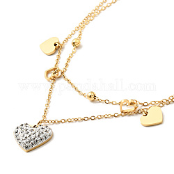 Crystal Rhinestone Heart Pendant Double Layer Necklace with Satellite Chains, Ion Plating(IP) 304 Stainless Steel Jewelry for Women, Golden, 16.10 inch(40.9cm)