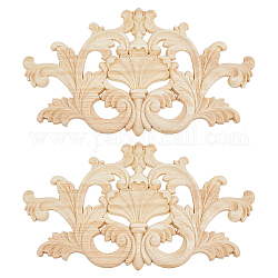 Rubber Wood Carved Onlay Applique, Center Flower Long Applique, for Door Cabinet Bed Unpainted Decor European Style, Blanched Almond, 170x296x7mm