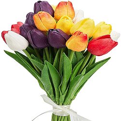 Tulipe imitation cuir pu, bouquets de fleurs artificielles, pour la décoration de table d'arrangement floral de bouquet de mariage, couleur mixte, 32x6.5x3.2 cm, 5 couleurs, 5 pcs / couleur, 25 pièces / kit