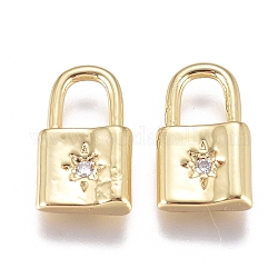 Brass Micro Pave Cubic Zirconia Pendants, Long-Lasting Plated, Lock with Star, Clear, Golden, 11x7x2.5mm, Hole: 3mm