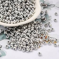 Perles de rocaille en verre plaqué couleurs métalliques, trou rond, ronde, Plaqué Argent, 4x3mm, Trou: 1.4mm, 7650 pcs / livre