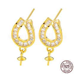 Horseshoe 925 Sterling Silver Micro Pave Clear Cubic Zirconia Stud Earring Findings, for Half Drilled Beads, with S925 Stamp, Real 18K Gold Plated, 16x8mm, Pin: 10x0.7mm and 0.6mm