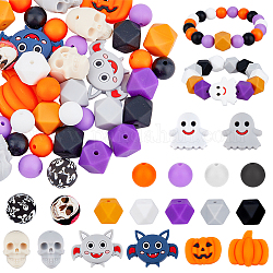 HOBBIESAY 47Pcs 19 Style Skull Ghost Pattern Loose Beads Ghost Bat Shapes Craft Beading Charms Halloween Theme Handmade Round Silicone Beads for DIY Nursing Necklaces Bracelets Making