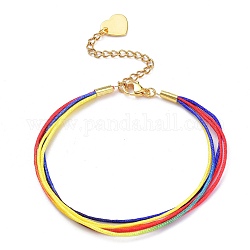 Segment Dyed Polyester Threads Multi-strand Bracelets, with Golden Plated 304 Stainless Steel Heart Charms and Lobster Claw Clasps, Colorful, 7-5/8 inch(19.3cm)