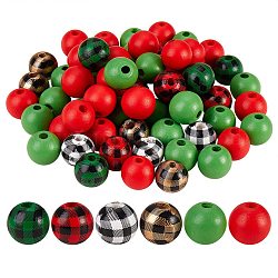 100pcs perles en bois naturel peintes, perles à carreaux, rond & rond avec motif tartan, couleur mixte, 16mm, Trou: 4mm