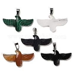 Natural & Synthetic Mixed Gemstone Pendants, Eagle Charms with Platinum Plated Iron Snap on Bails, 24~25x40x4~4.5mm, Hole: 7x3.5mm