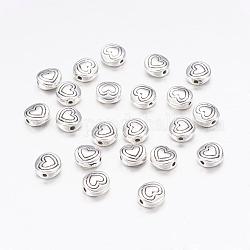 Tibetan Style Alloy Beads, Flat Round with Heart, Antique Silver, Lead Free & Cadmium Free, 6x6x3mm, Hole: 1.5mm