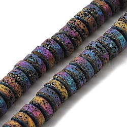Electroplated Natural Lava Rock Beads Strands, Flat Round/Disc, Heishi Beads, Rainbow Plated, 7x3mm, Hole: 3mm, about 123pcs/strand, 16.14''(41cm)