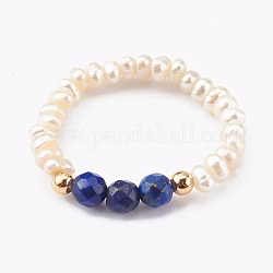 Natural Pearl Beaded Stretch Rings, with Faceted Natural Lapis Lazuli Beads and Brass Beads, Golden, Inner Diameter: 18x20mm