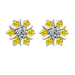 Clous d'oreilles en 925 argent sterling, avec zircone cubique et bouchon d'oreille en argent, fleur, jaune, couleur d'argent