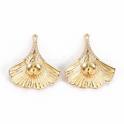 Brass Micro Pave Clear Cubic Zirconia Peg Bails Pendants, for Half Drilled Bead, Nickel Free, Ginkgo Leaf, Real 18K Gold Plated, 21x20.5x3mm, Hole: 1mm, Pin: 0.7mm