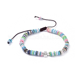 Nylon Thread Braided Beads Bracelets, with Polymer Clay Heishi Beads, 304 Stainless Steel and Alloy Beads, Cross, Colorful, 2-1/4 inch(5.7cm)