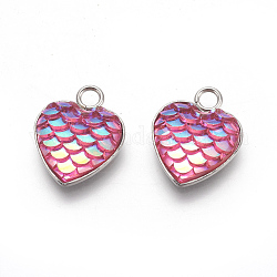 304 Stainless Steel Pendants, with Resin, Heart with Fish Scale Shape, Stainless Steel Color, Hot Pink, 16x13x3.5mm, Hole: 2mm