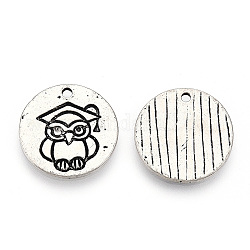 Tibetan Style Alloy Pendants, Cadmium Free & Lead Free, Flat Round with Owl, Antique Silver, 19.5x1.5mm, Hole: 1.8mm